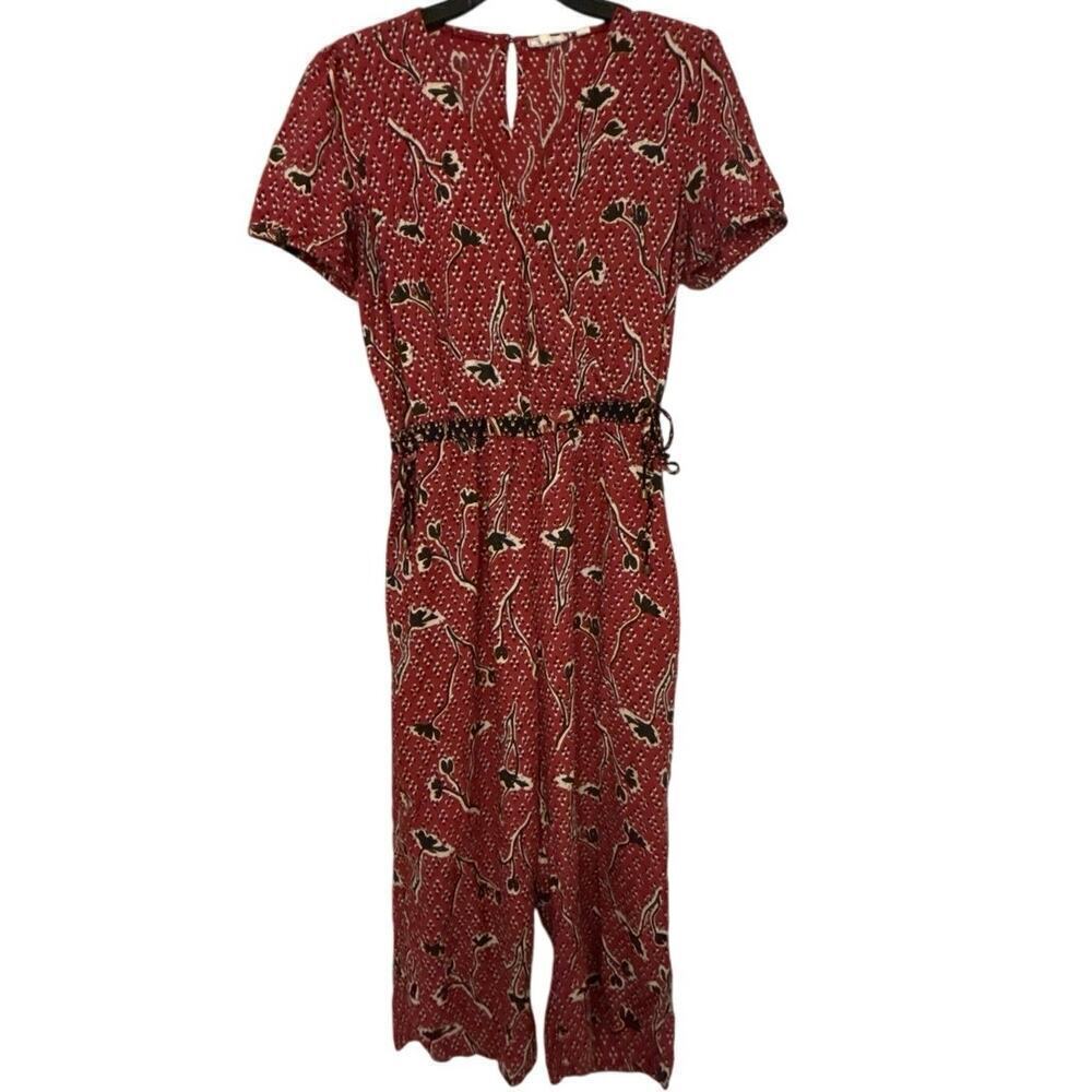 FAT FACE Red & Black Floral Elastic Waist Crop Jumpsuit Size 10